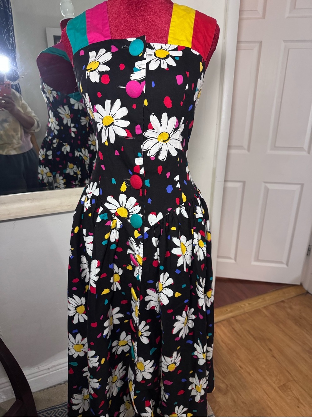 Floral Daisy Fit-and-Flare Midi Dress in Black with Multicolor Accents